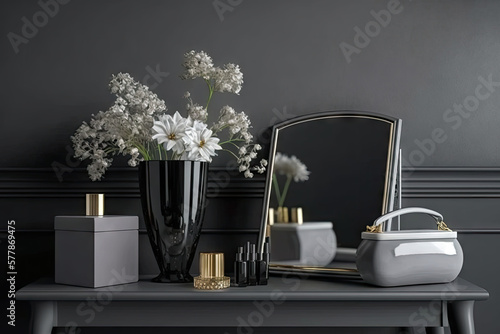 Wallpaper Mural Modern elegant female dressing table with black glass vase with flowers, mirror, silver cosmetic bag on grey color wall and white wood board.  Torontodigital.ca