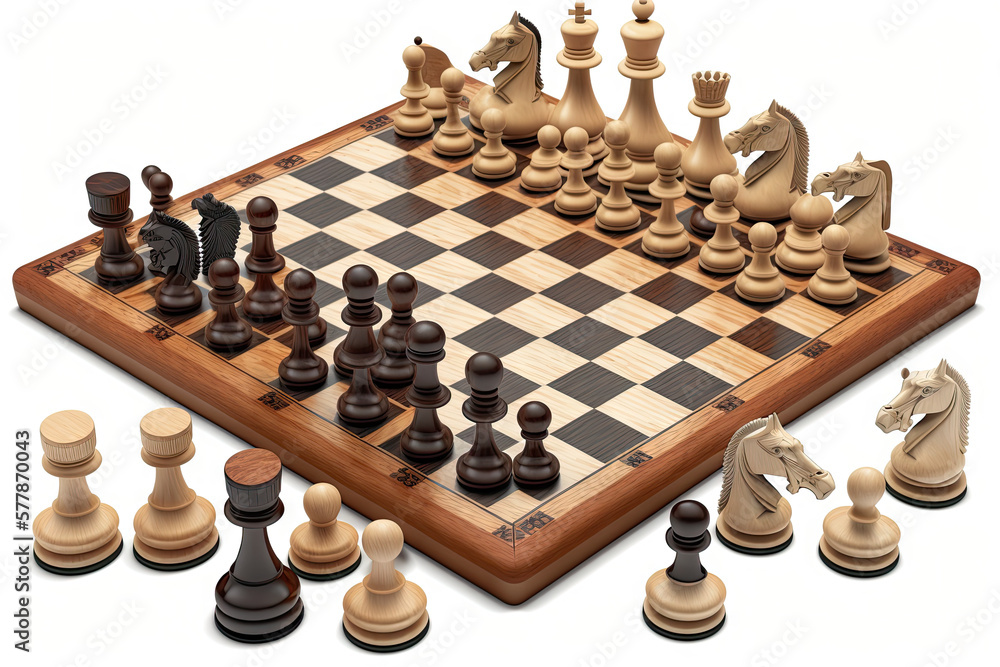 Set of wooden chessboard with chess pieces isolated on white background Set of wooden chessboard with chess pieces isolated on white background