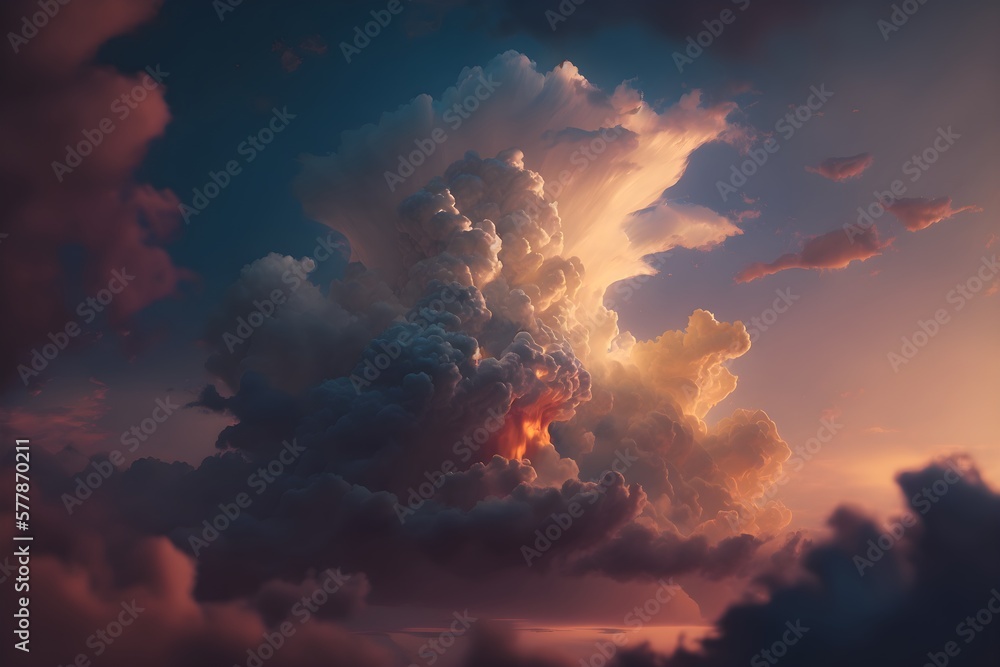A cloud in the sky with a sunset in the background made with generative AI