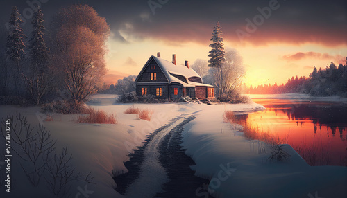 snowy cabin on a lake Generative AI © Brandon