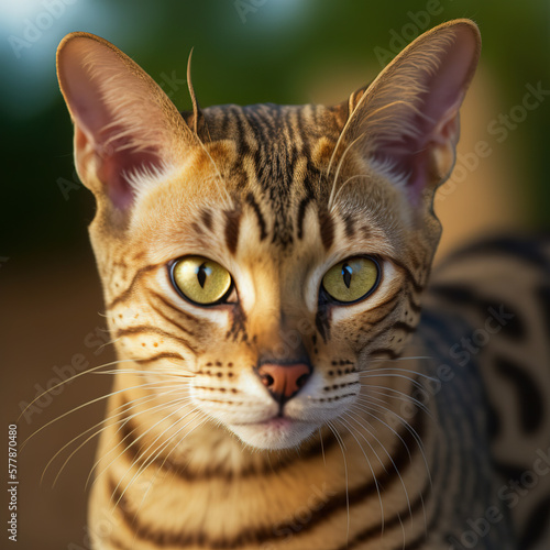 Ravishing hyper realistic portrait of happy ocicat cat in natural outdoor lush with flower in background as concept of modern domestic pet by Generative AI. photo