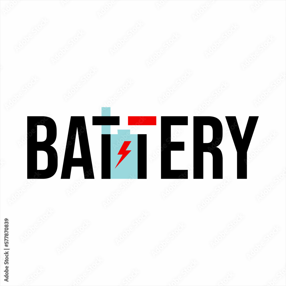 Battery text logo design with plus and minus symbol on T letter. Battery text logo design with plus and minus symbol on T letter.
