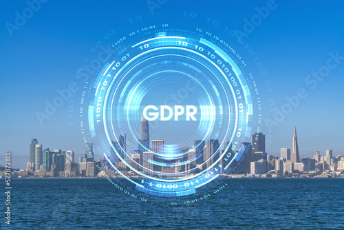 Panoramic city view of San Francisco skyline at sunrise from Treasure Island, California, United States. GDPR hologram, concept of data protection regulation and privacy for all individuals