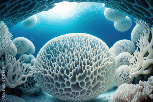 Beautiful elaborated white hermatypic marine corals of various species under the sea. photo