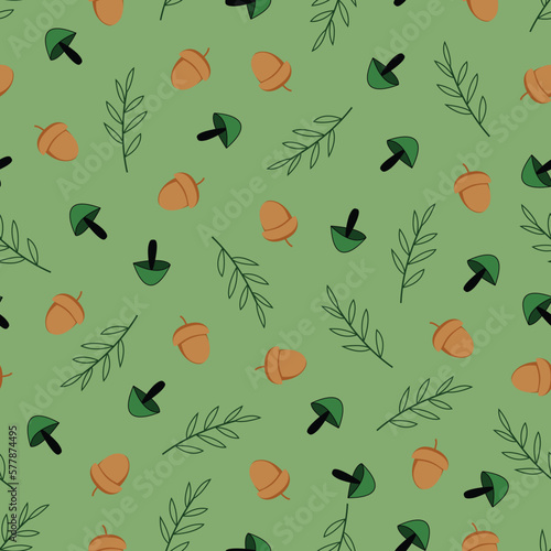 Dainty floral seamless pattern. Aesthetic branches of leaves, acorns and mushrooms. Allover exquisite foliage patterned background