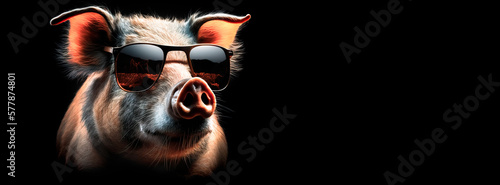 Boss pig wearing tinted sunglasses on black background. Image created with generative ai.