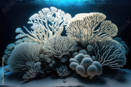 Beautiful elaborated white hermatypic marine corals of various species under the sea. photo