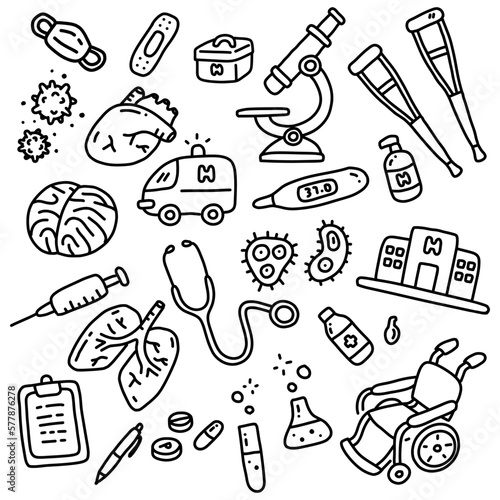 Tiny lovely cute doodle medical hospital doctor vector icon set with black & white color that can be used as emoji or symbol for kids or little seamless pattern on pastel background for wrapping gift.