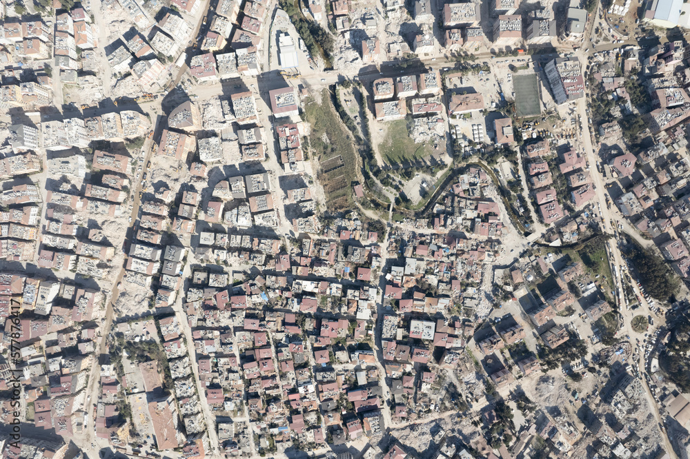 Fototapeta premium Antakya, Hatay, Turkey- February 7th, 2023: Earthquake destroyed firsth anatolian mosque Habibi Neccar. Turkey earthquake, kahramanmaras, gaziantep, adana, Hatay, adiyaman February 2023