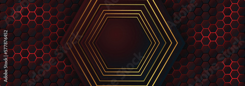 Abstract black blue red hexagon gaming background with modern luxury grid pattern retro vapor synthwave smoke fog, neon red light ray and triangle stripes line paper cut style	
