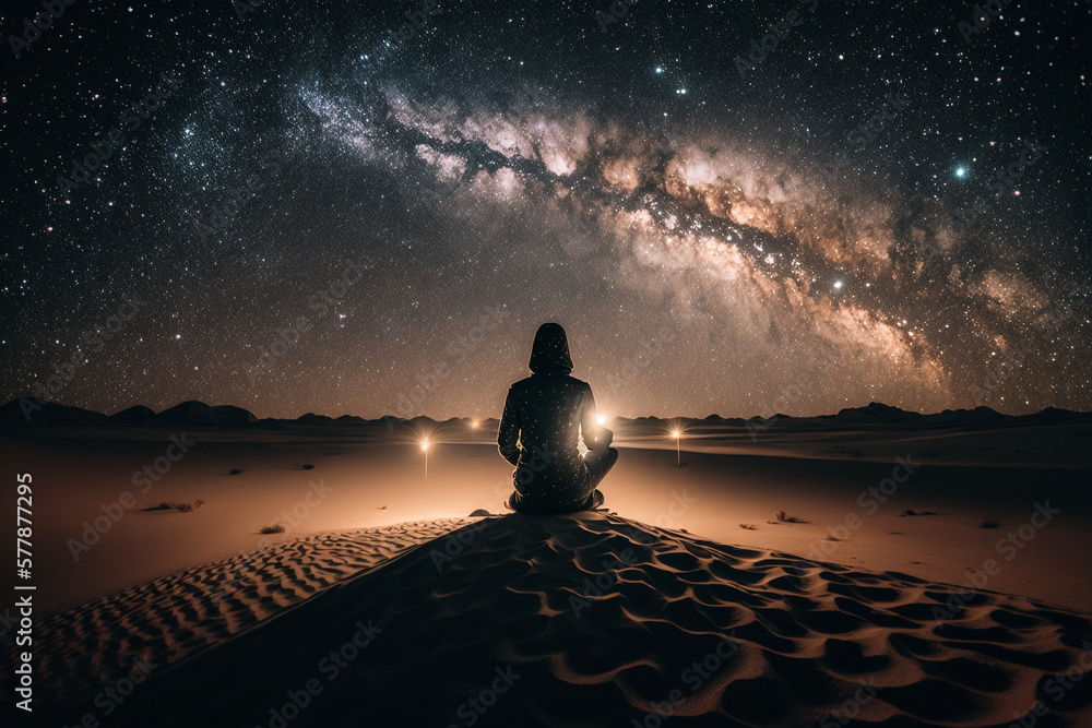 A person meditating on the desert sitting spiritual awakening meditation soul healing enlightenment brain mindset - obrazy, fototapety, plakaty 