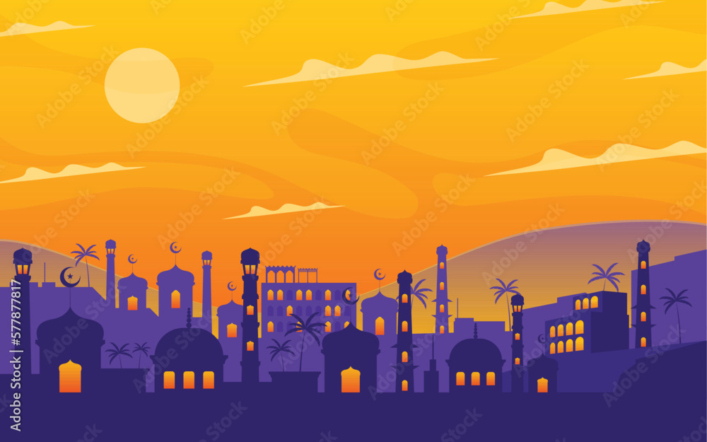 Naklejka premium Arabian Landscape with Mosque and Desert Background Panorama 