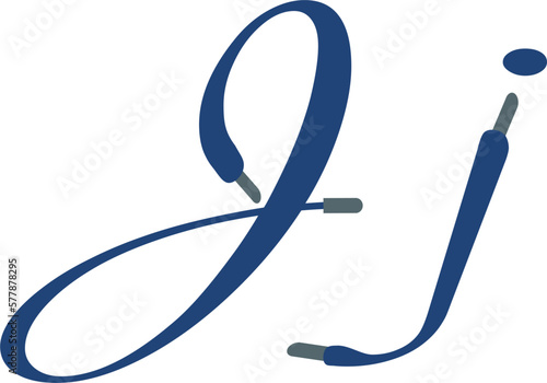 J letter. Blue Sport alphabet formed by shoe lace. Vector handwritten script font can be used for workout labels, race headlines, fitness posters, delivery cards. Alphabet fonts set.
