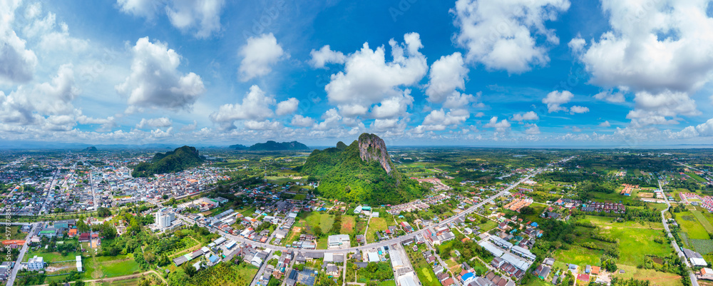 Phatthalung city view from above. Aerial view panorama of Khao Ok Thalu, Khuha Sawan mountain, Phatthalung province, Thailand, south east asia.