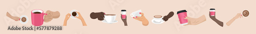Set of hands with cups of coffee on beige background
