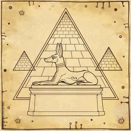 Animation portrait: Ancient Egyptian god Anubis in the form of a lying dog protects pyramids, valley of the kings. God of death and afterlife. Background - imitation old paper. Vector illustration.