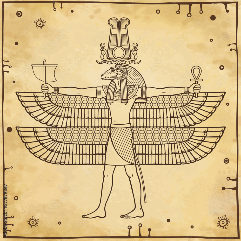 Animation portrait: Ancient Egyptian god Khnum with the head of a ram ...