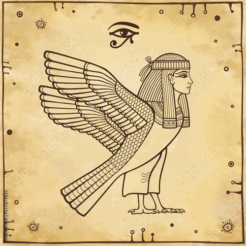 Animation portrait: mystical goddess of ancient Egypt with head of a woman and body of a falcon. All-seeing eye of the god Horus. View profile. Background - imitation old paper. Vector illustration.