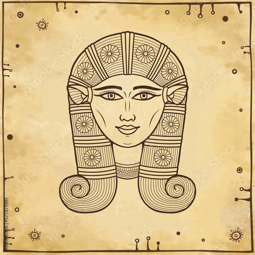 Animation linear portrait: beautiful Egyptian Goddess Hathor with cow ears. Deity of heaven, joy, love and beauty. Background - imitation old paper. Vector illustration.