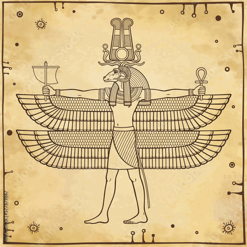 Animation portrait: Ancient Egyptian god Khnum with the head of a ram and many wings holds magical symbols. View profile. Full growth. Background - imitation old paper. Vector illustration.