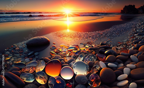 Beautiful Beach at Sunset with colorful Glowing rocks ,pebbles ,ambers and agates AI generated Illustration. photo