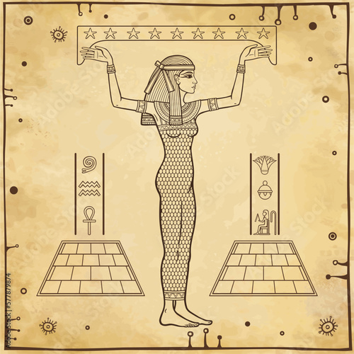 Animation portrait: beautiful Egyptian woman holds symbolical star sky. Full growth. Goddess, princess. Profile view. Background - imitation old paper. Vector illustration.