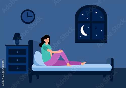 Sleepless woman suffering from insomnia. Female with open eyes in darkness night sitting on bed concept vector illustration.