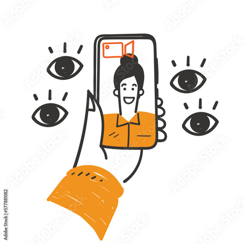 hand drawn doodle person live on mobile phone with many eyes watching illustration