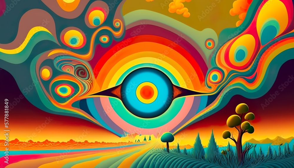 Surreal, abstract, psychedelic, landscape design, with rainbow over an evil eye sun or moon, over a path with trees (generative ai)