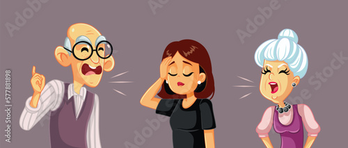 Elderly Couple Nagging their Adult Daughter Vector Cartoon Illustration. Mom and dad being disappointed on the life choices of their girl
