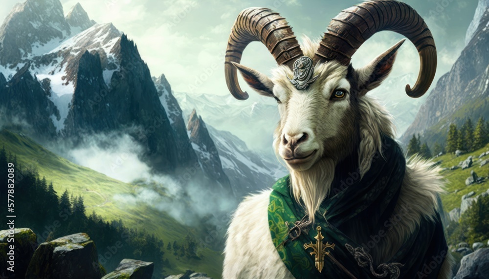 Beautiful Saint Patrick's Day Parade Celebrating Cute Creatures and Nature: Animal Alpine Goat Epic High Fantasy in Festive Green Attire Celebration of Irish Culture and Happiness (generative AI)