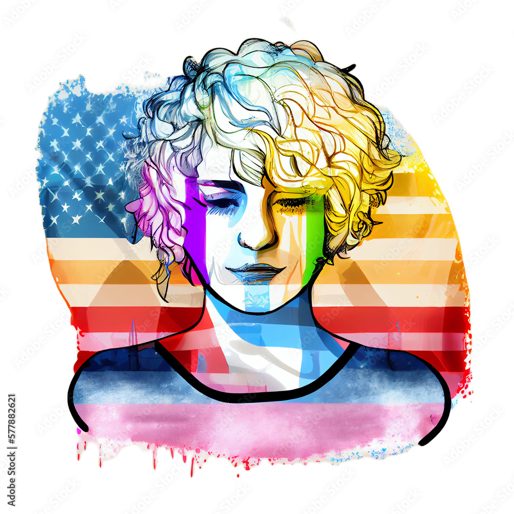 Woman activist for lgbtq rights with rainbow flag, cartoon
