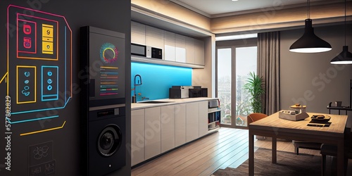 Modern smart home kitchen - connected internet of things  IoT  technology concept design. Generative AI