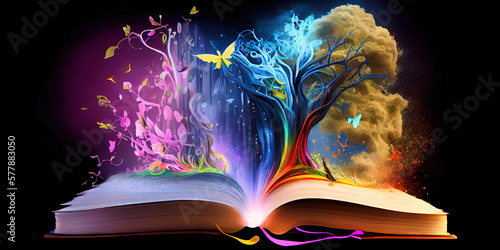 Magical enchanted book with natural colors bursting from it. 