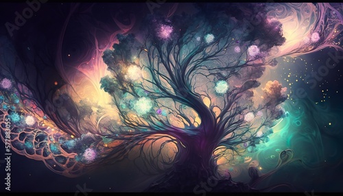 Stampa su tela Surreal, abstract, psychedelic design of a tree, planets, that appears to be glo
