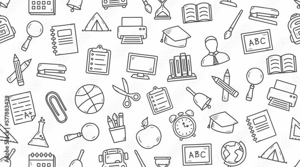 Horizontal school seamless pattern with hand drawn doodle icons Horizontal school seamless pattern with hand drawn doodle icons