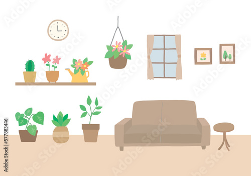 観葉植物のあるインテリアの手描きイラスト
