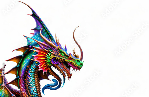 Multi-colored dragon head with spiky spines and horns isolated on a white background. Generative AI illustration. © Hi-Point