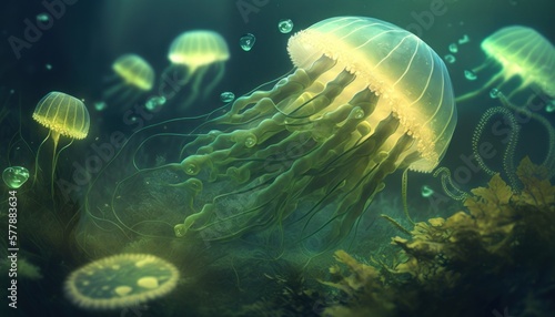 Beautiful Saint Patrick's Day Parade Celebrating Cute Creatures and Nature: Animal Jellyfish Cinematic in Festive Green Attire Celebration of Irish Culture and Happiness (generative AI)