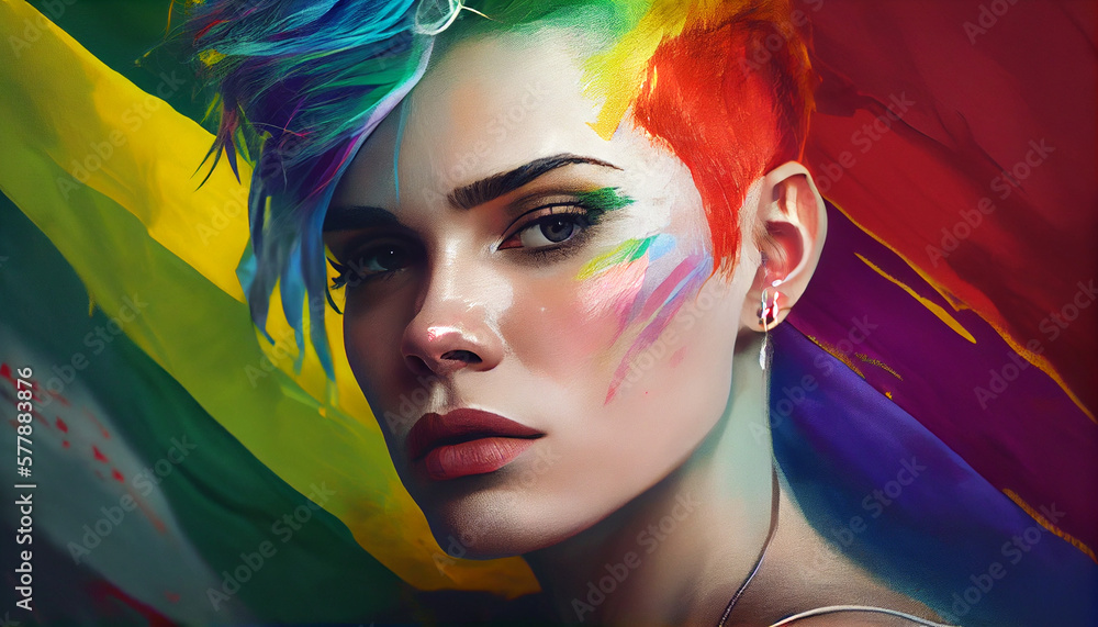Obraz premium Woman activist for lgbtq rights with rainbow flag, cartoon, transgenders, homosexual, queers diverse people of gay and lesbian community, by generative AI