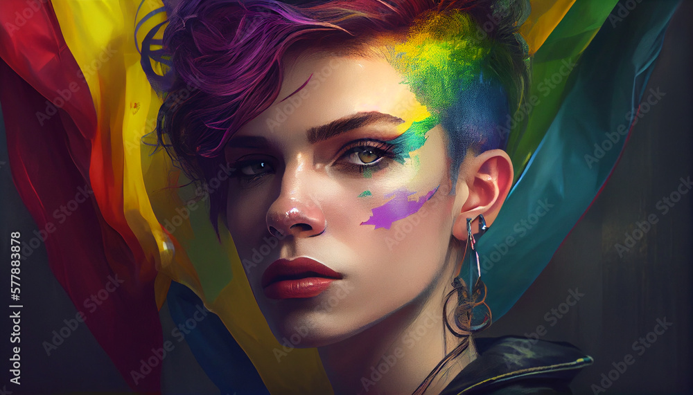 Fototapeta premium Woman activist for lgbtq rights with rainbow flag, cartoon, transgenders, homosexual, queers diverse people of gay and lesbian community, by generative AI