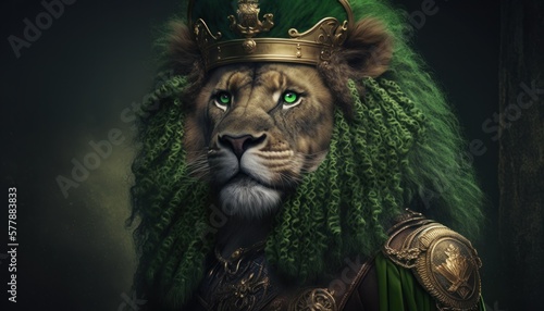 Beautiful Saint Patrick's Day Parade Celebrating Cute Creatures and Nature: Animal Lion Cinematic in Festive Green Attire Celebration of Irish Culture and Happiness (generative AI)
