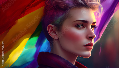 Woman activist for lgbtq rights with rainbow flag, cartoon, transgenders, homosexual, queers diverse people of gay and lesbian community, by generative AI