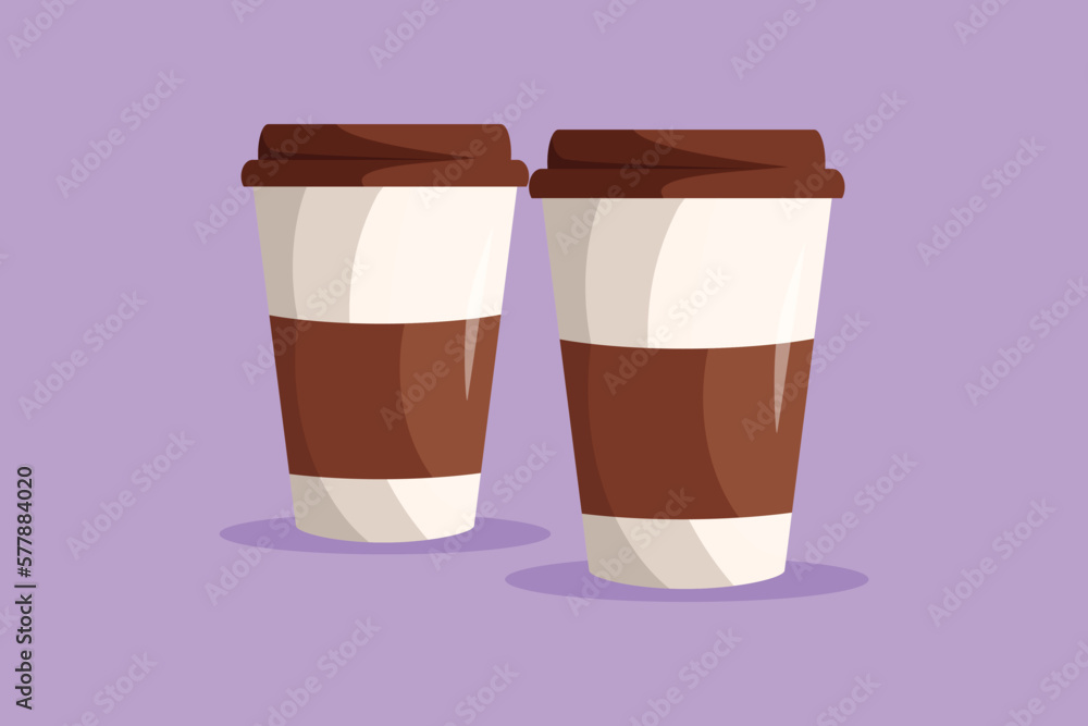 Cartoon flat style drawing coffee paper cup to takeaway. Takeaway coffee in reusable cup. For restaurant, cafe drink menu, flyer, sticker, card, logo, icon, symbol. Graphic design vector illustration Cartoon flat style drawing coffee paper cup to takeaway. Takeaway coffee in reusable cup. For restaurant, cafe drink menu, flyer, sticker, card, logo, icon, symbol. Graphic design vector illustration