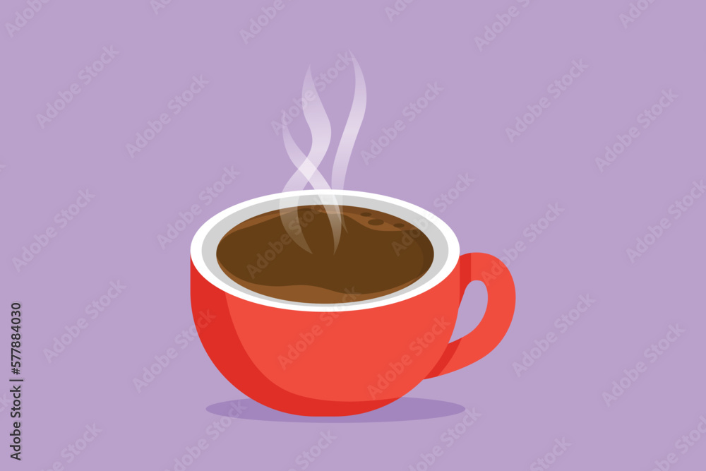 Cartoon flat style drawing cup of coffee drink with coffee bean on ceramic coaster and table. Display for coffee shop icon. Idea for advertising, business, branding. Graphic design vector illustration Cartoon flat style drawing cup of coffee drink with coffee bean on ceramic coaster and table. Display for coffee shop icon. Idea for advertising, business, branding. Graphic design vector illustration