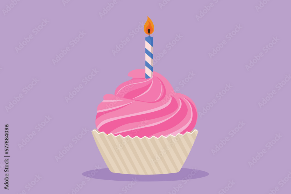 Cartoon flat style drawing yummy cupcake with candle. Sweet tasty cake. Delicious dessert for dinner. Snack birthday party. For flyer, sticker, card, logo, symbol. Graphic design vector illustration Cartoon flat style drawing yummy cupcake with candle. Sweet tasty cake. Delicious dessert for dinner. Snack birthday party. For flyer, sticker, card, logo, symbol. Graphic design vector illustration