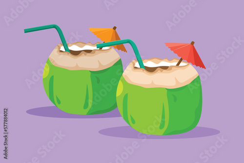 Cartoon flat style drawing two green coconuts with drinking straw. For flyer, sticker, card, logo, symbol. Relieves thirst and dehydration in summer. Healthy life. Graphic design vector illustration