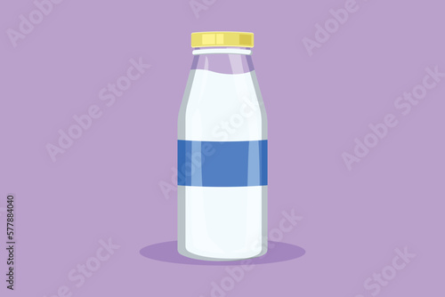 Graphic flat design drawing fresh milk on bottle glass packaging healthy drink product. Fresh milk for health food nutrition. For flyer, sticker, card, logo, symbol. Cartoon style vector illustration