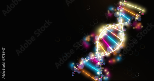 Wireframe DNA molecules structure mesh from a colorful starry on dark background. Science and Technology concept