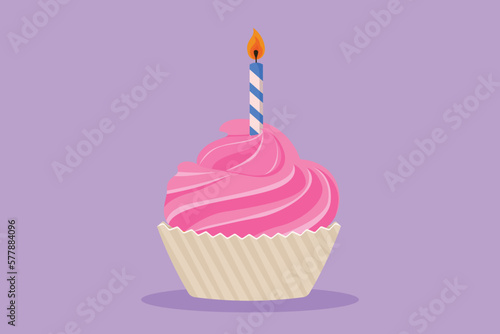 Cartoon flat style drawing yummy cupcake with candle. Sweet tasty cake. Delicious dessert for dinner. Snack birthday party. For flyer, sticker, card, logo, symbol. Graphic design vector illustration